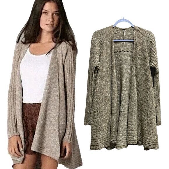 Free People‎ M Ribbed Wool Blend Open Front Waterfall Cardigan Sweater Boho Knit - Picture 1 of 12